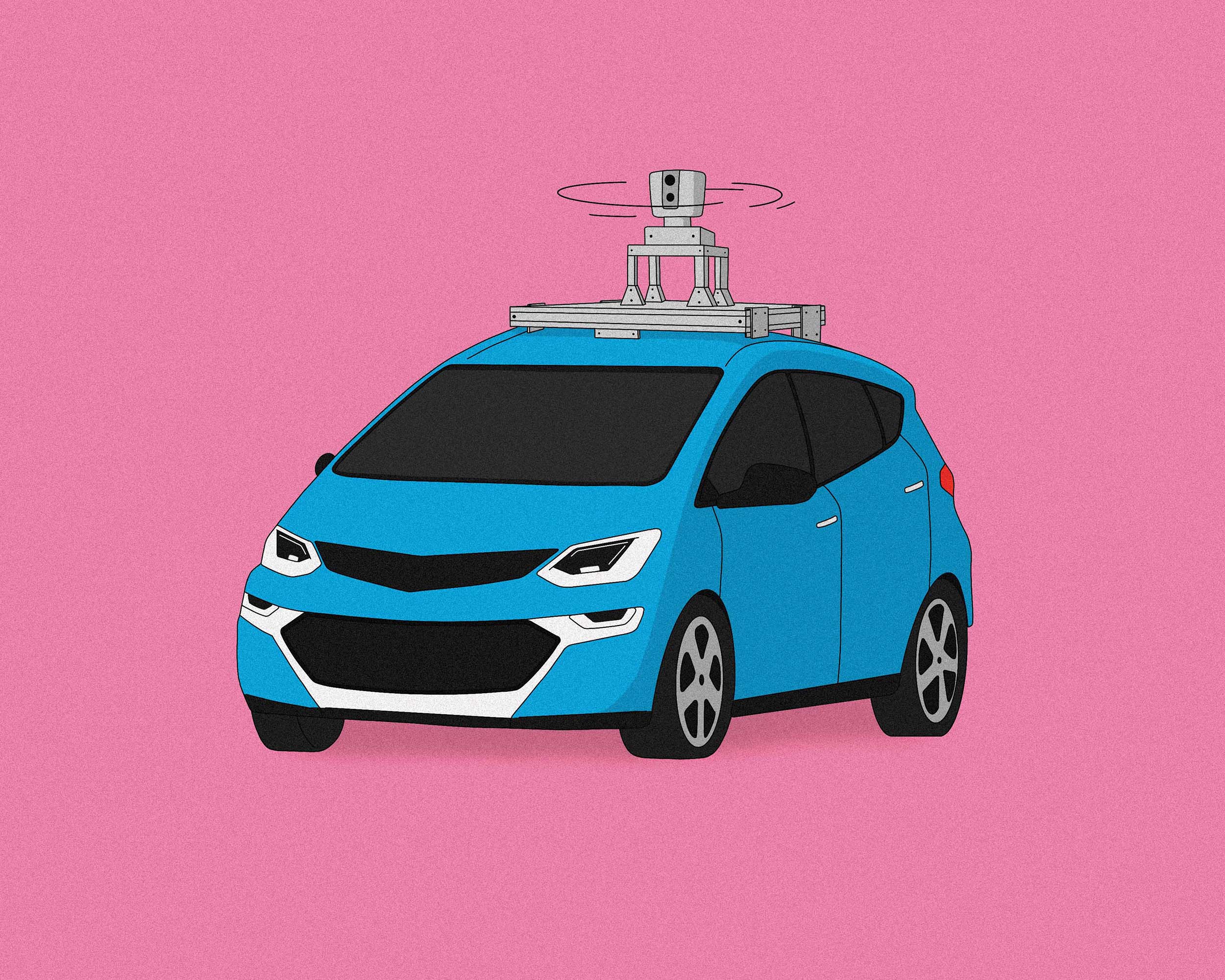 Blue autonomous car with a sensor equipment attached to the car roof