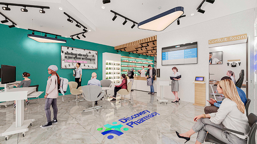 Artist rendering of the Discovery Pharmacy showing students sitting or standing in waiting areas, a TV screen with an appointment schedule, and a student speaking with a pharmacist