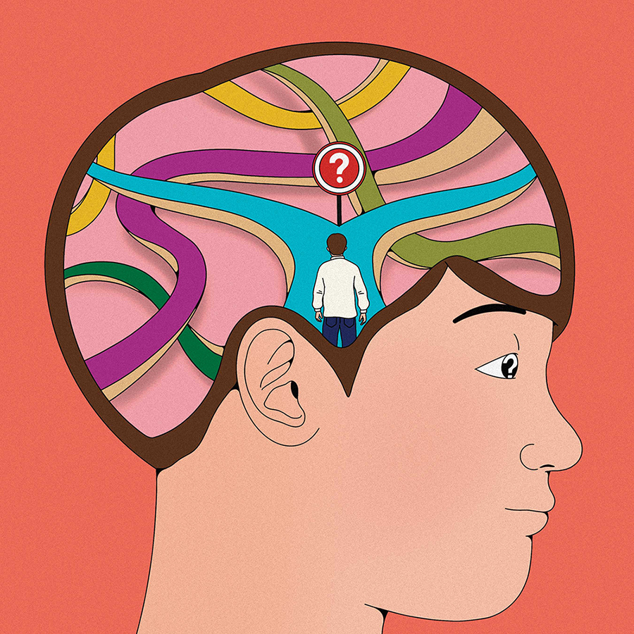 Profile of a person's brain made up of different coloured wires, and a small person within the brain looking at the wires, with a question mark above them