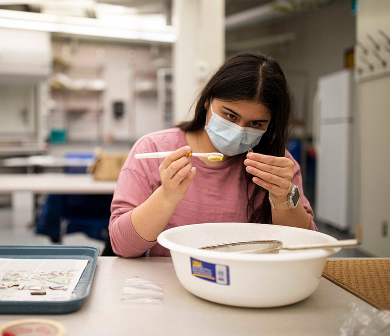 Student examining an artifact, a toothbrush in one hand and the artifact in the other