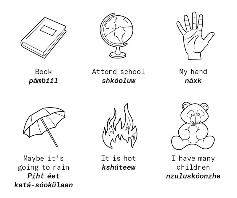 Translations of six words with illustrations: Book - pambiil, Attend school - shkooluw, My hand - naxk, Maybe it's going to rain - Piht eet kata-sookulaan, It is hot - kshu teew, I have many children - nzuluskoonzhe