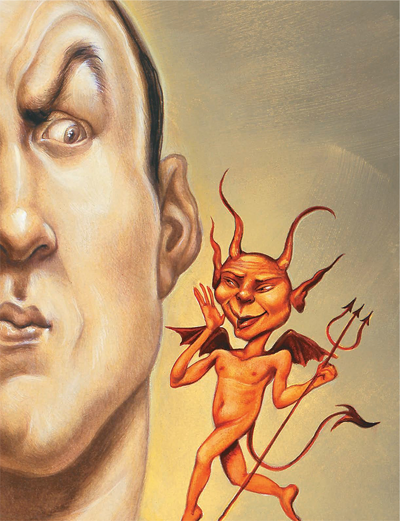 Half of a man's face on the left and a winged, horned and trident-carrying devil on the right, whispering into the man's ear