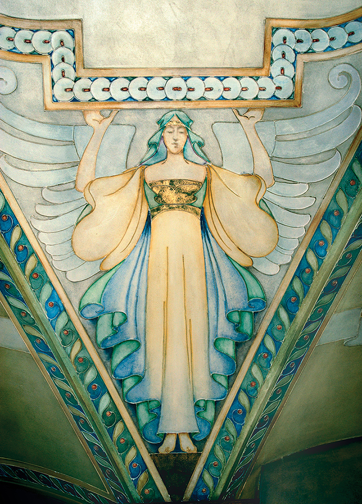 Painting of an angel with white wings, wearing a flowing beige dress and a blue head scarf, standing between the V-shaped edges of the Flavelle House's arched ceiling