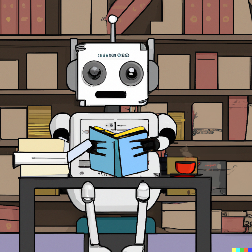 Cartoonish robot reading a book at a desk with a steaming mug of coffee