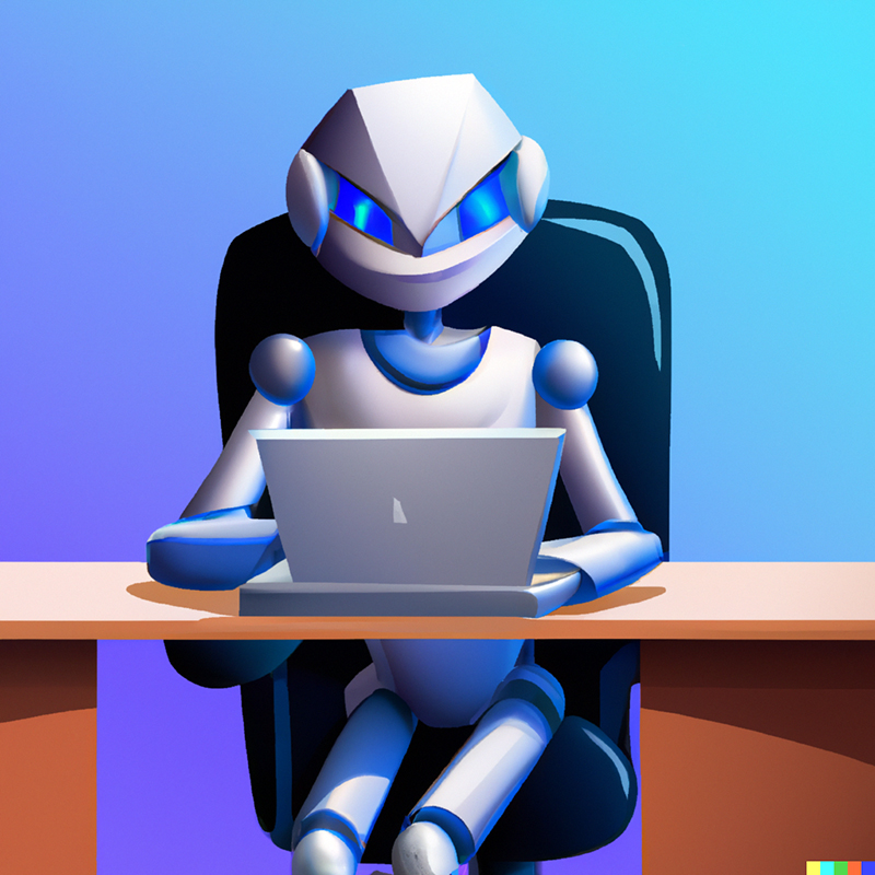 Friendly robot sitting at a desk and typing on a laptop