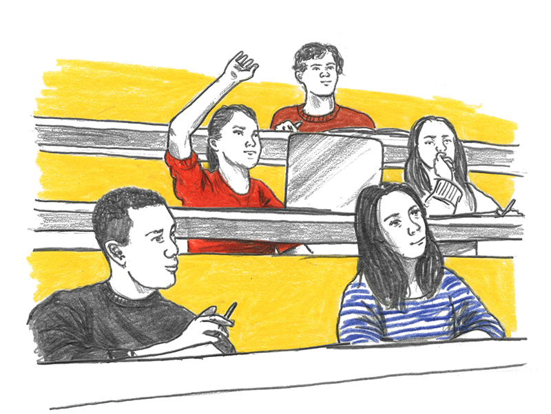 Coloured pencil and graphite drawing of students in a classroom, with one student having a raised hand