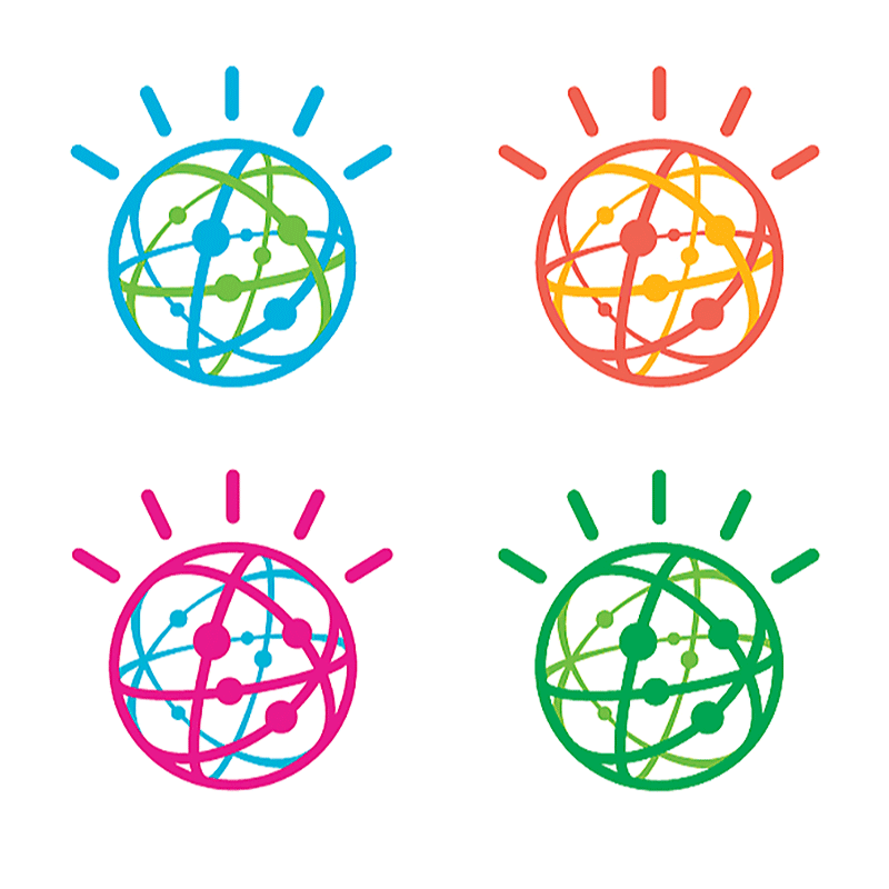 Four atomic-like globes, each in a different colour