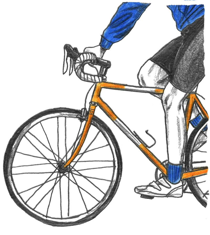 Colour graphite sketch of the front three quarters of a bicycle and the legs and arm of a person riding it