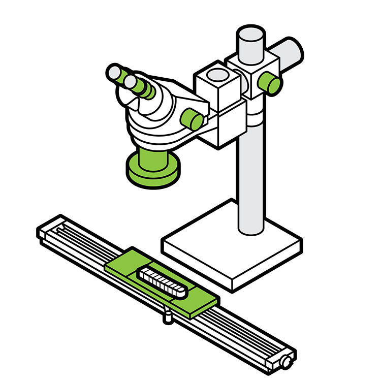 A black and white illustration of a tree ring sample placed under a microscope, with the lens and small parts of the microscope illustrated in a green colour.