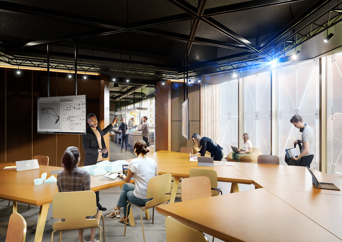 Artist rendering of a collaboration space in the Sam Ibrahim Building, with wooden tables joined together in a zigzag shape, and a screen hanging from the ceiling.