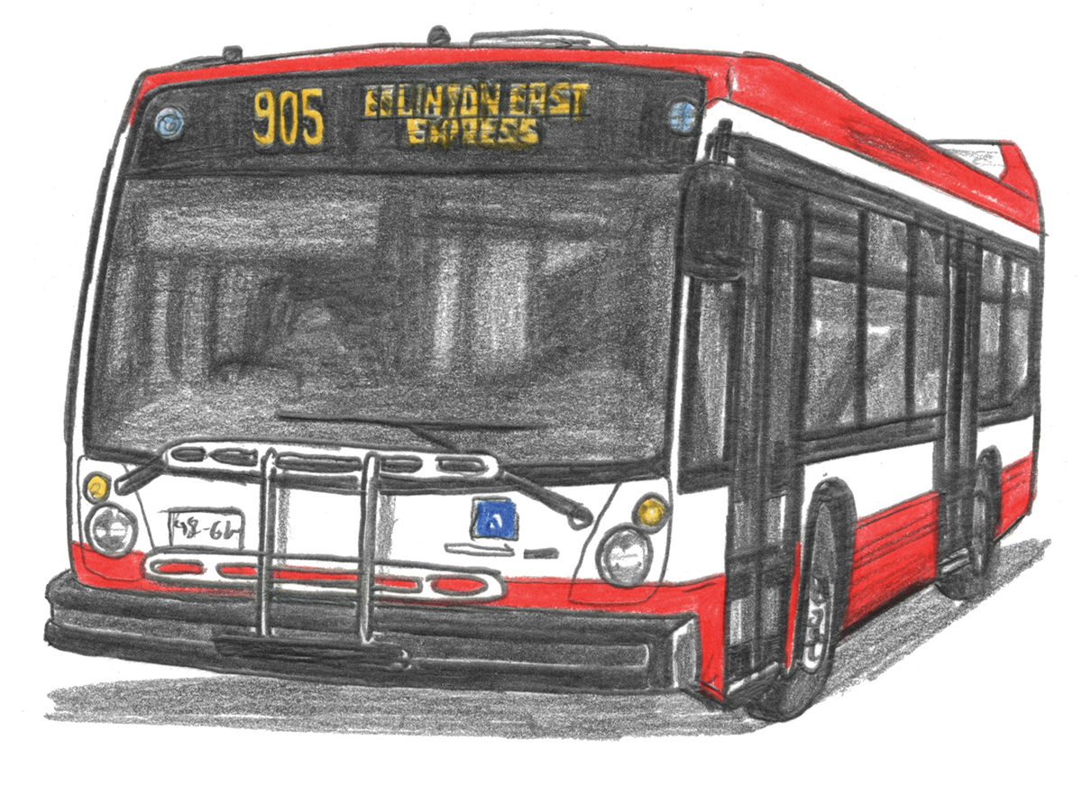 Coloured graphite drawing of the front and side of the 905 Eglinton East Express bus