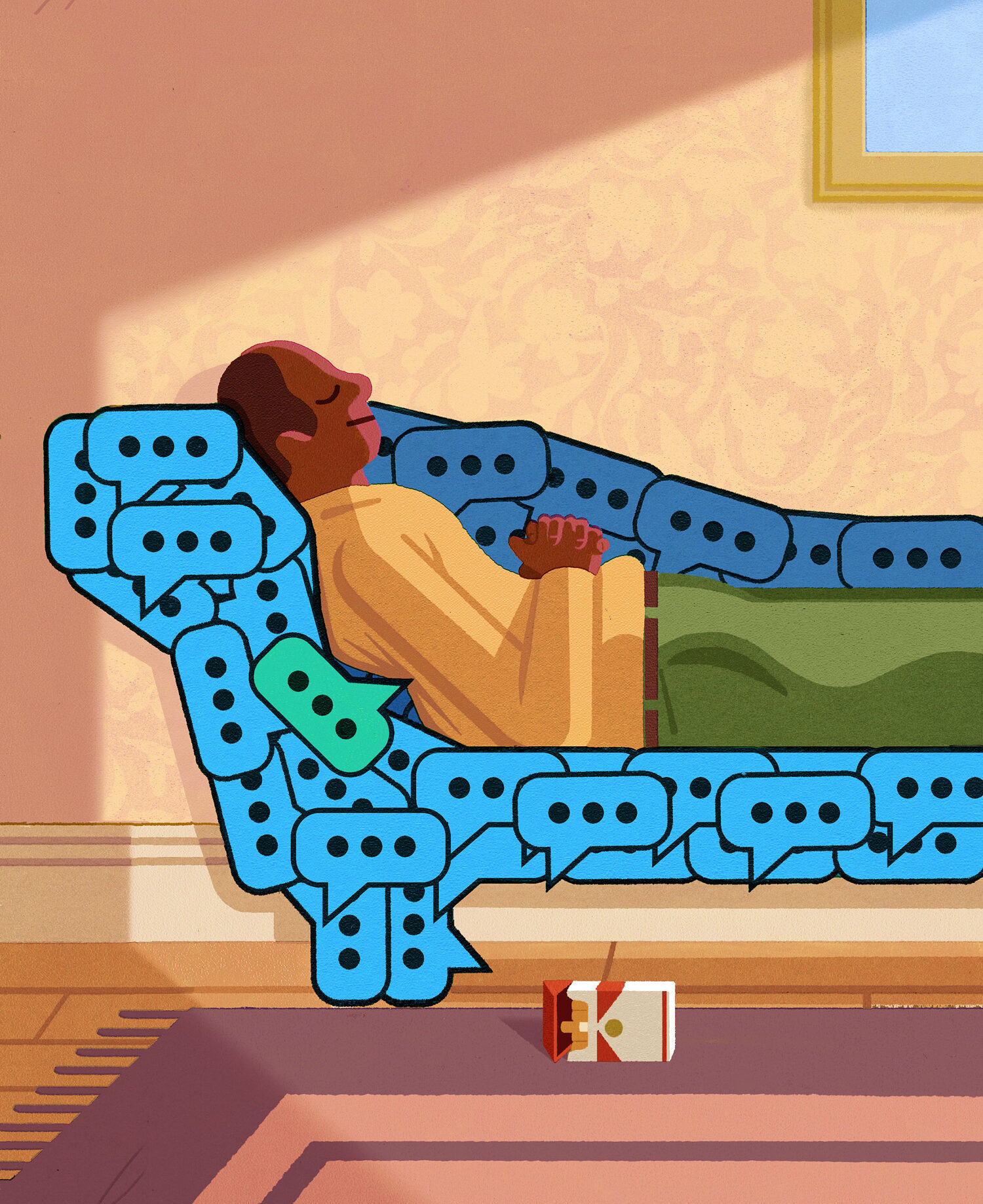 Digital illustration of a Black man lying, with his eyes closed, on a therapist's couch made up of speech bubbles. There is a cigarette box lying on the floor next to him.