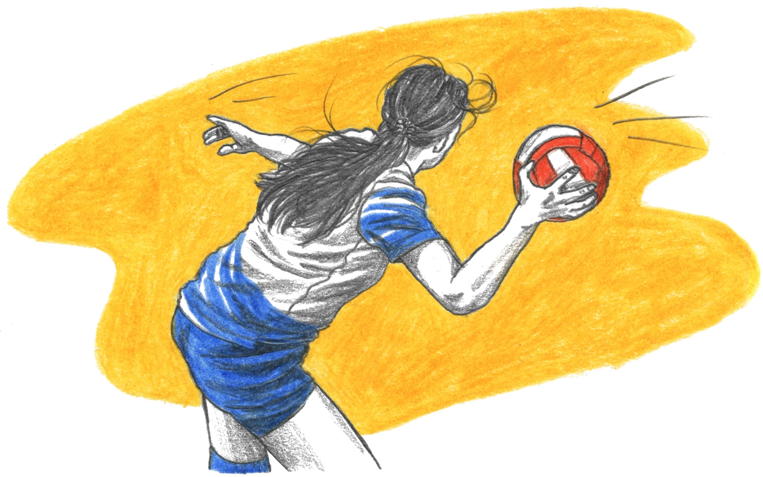 Coloured pencil and graphite drawing of a female student preparing to throw a dodgeball