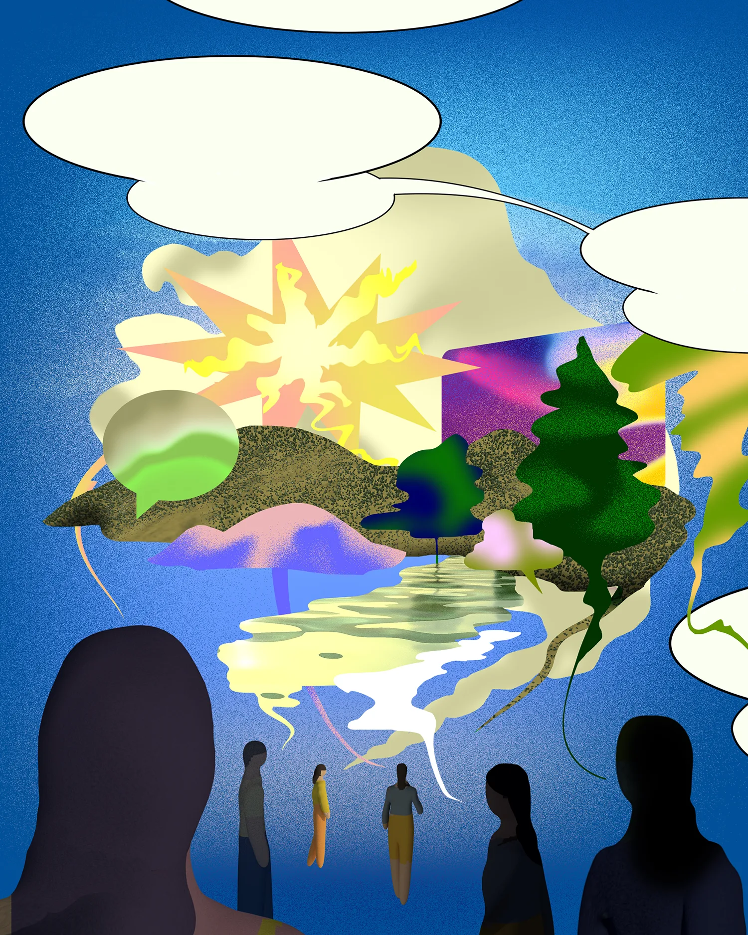 Illustration of speech bubbles above several people, a few blank, a few with different colour gradients, and a few in the shape of landscapes, such as trees and water