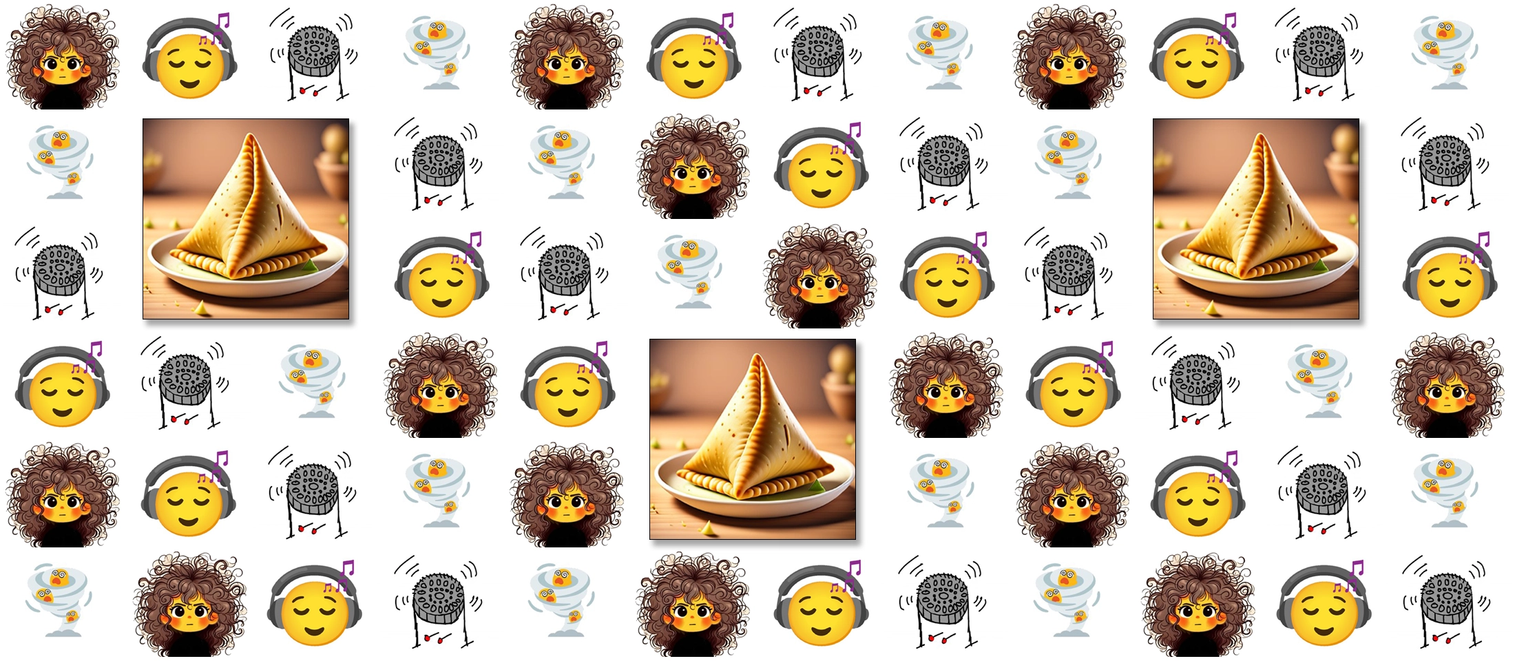 Banner filled with four repeating emoji: a girl with messy hair, a smiley face with headphones, a steel pan drum and three smiley face emoji caught up in a tornado. Interspersed is a larger samosa emoji, appearing three times.